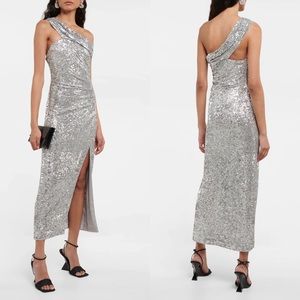 Jonathan Simkhai Silver One-Shoulder Sequin Midi Dress